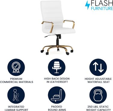 Крісло керівника Flash Furniture, поворотне крісло, біла шкіра, золотистий каркас, 69x66x109 см