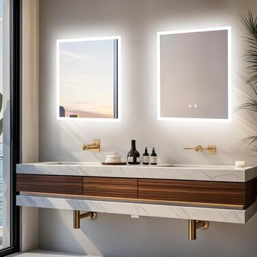 Дзеркало для ванної кімнати LUVODI з підсвічуванням 40x50 см: регульоване LED дзеркало з 3 кольорами світла, 2 сенсорні кнопки, запобігає запотіванню, водонепроникне, монтаж на стіну (горизонтальний/вертикальний)