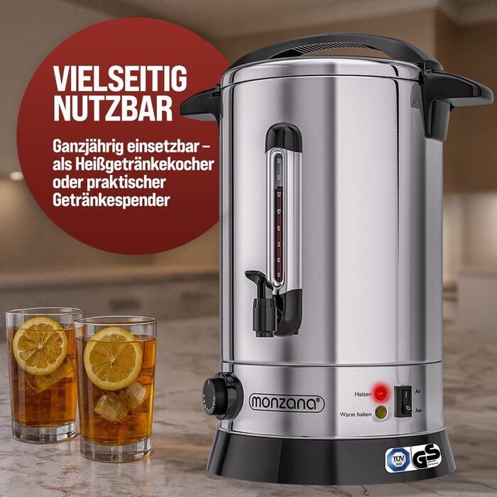 MONZANA Електричний нагрівач для глінтвейну 20 л з краном, термостатом 30-110°C, з нержавіючої сталі, на 90 чашок, для консервування, нагрівач пуншу, автомат для гарячих напоїв 20 л