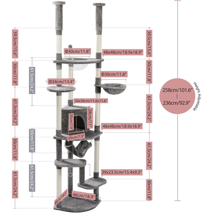 Стеля PAWZ Road - Високе котяче дерево з печерою, 6 ярусів, окун і гамак, сірий