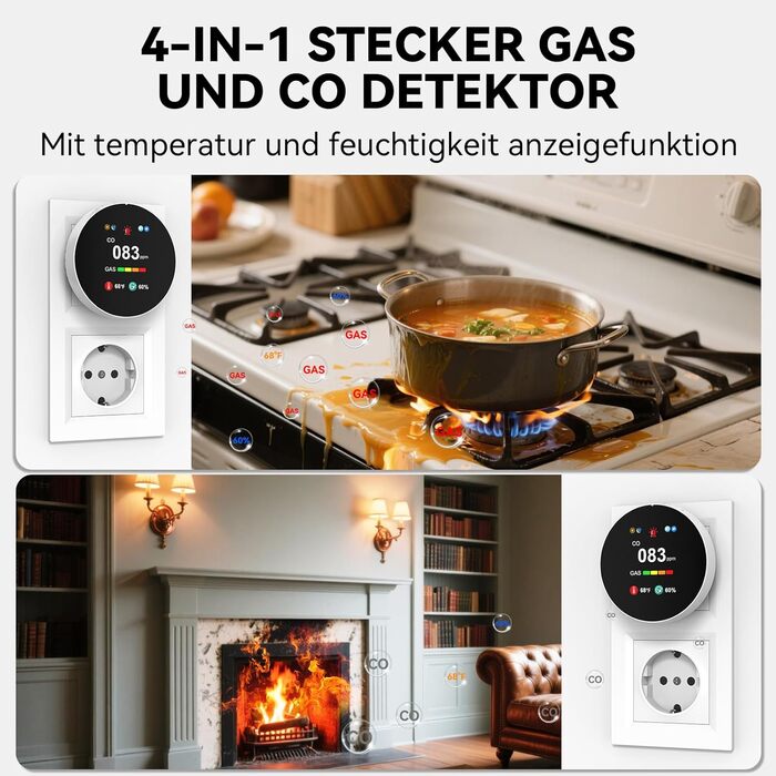 Детектор чадного газу та газу з вилкою, 4-в-1 CO-детектор з датчиком температури та вологості, з акустичним сигналом для дому та автокаравану, 1 шт. (Чорний) (Білий 1)