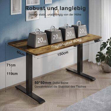 Регульований стіл, електричний, ергономічний: стіл для стояння/сидіння, комп'ютерний стіл для дому/офісу, білий (150 x 60 см, коричневий)