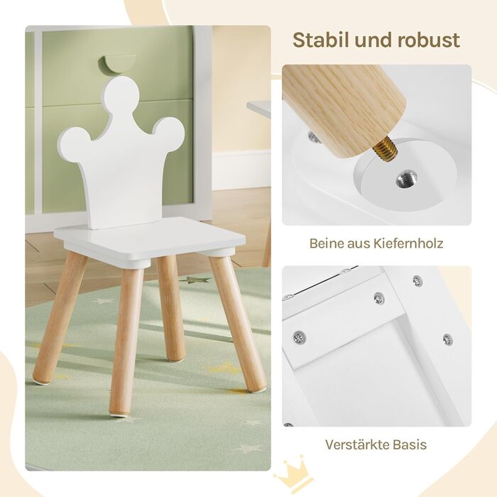 Дитячий стіл з 2 стільцями Woltu для дитячої кімнати, ігрової зони, садочка. Зручні стільці з підлокотниками. Комплект меблів з МДФ та масиву дерева, білий + світлий дуб. Квадратний стіл.