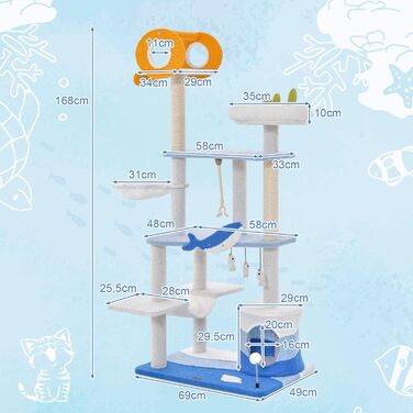 Котяче дерево з морськими мотивами, Стовбури з сизалю, Підвісні кулі та Котячий будиночок, Ігрова вежа, Синій