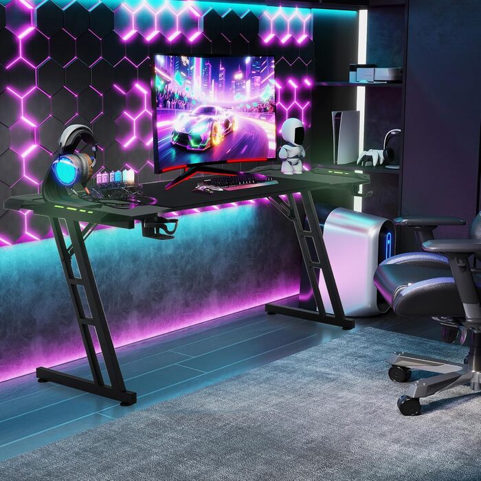 Ігровий стіл XMTECH 140x60 см з RGB LED, стіл для комп'ютера з карбоновою поверхнею, ергономічний стіл з тримачем для навушників та підстаканником, чорний