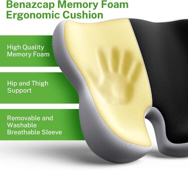 Ортопедична подушка для сидіння Benazcap з Memory Foam для офісного крісла, автомобіля, інвалідного візка. Зменшує біль у куприку. Чорний/Сірий колір