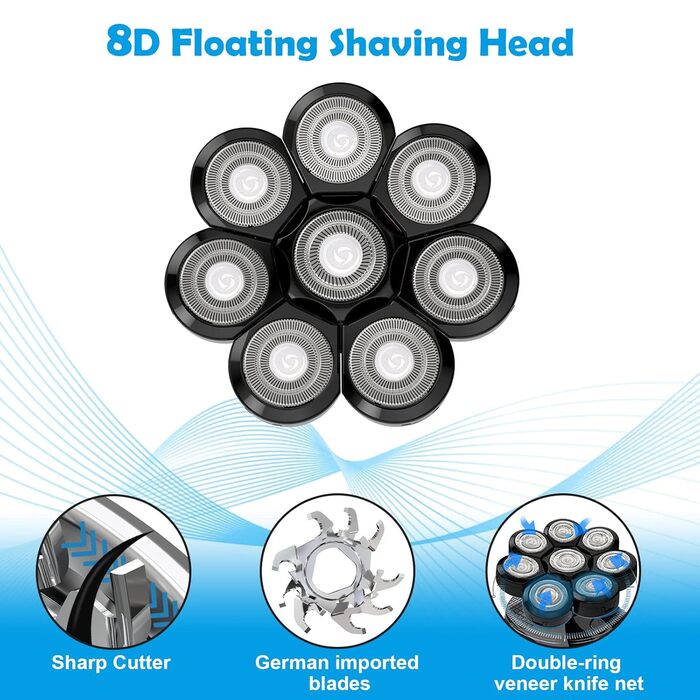 Електрична чоловіча бритва 6-в-1, 8D Ротаційна бритва, IPX6, Вологе/Сухе, Набір для догляду (чорний)