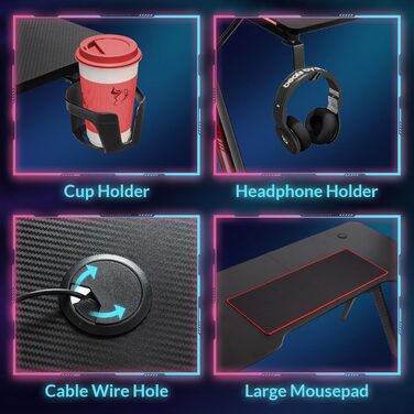 Ігровий стіл Todeco 160x60 см з LED підсвічуванням, з поверхнею з карбону, тримач для навушників та підсклянник, ергономічний ігровий стіл для ПК