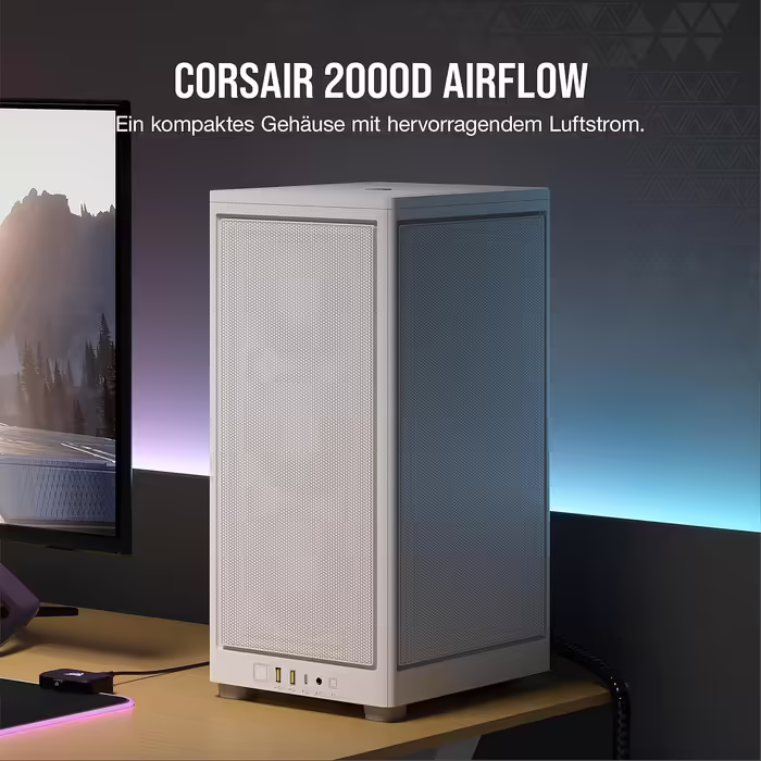 Корпус для ПК Corsair 2000D Airflow Mini ITX, білий, три слоти для GPU, сітчаста сталь, оптимізований для охолодження, сучасні порти на фронті