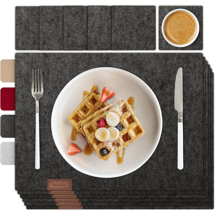 Набір з 12 елементів Smøla: преміальний фетровий набір для столу з підставками | Темно-сірий, миючий | Декор для столу, антрацит