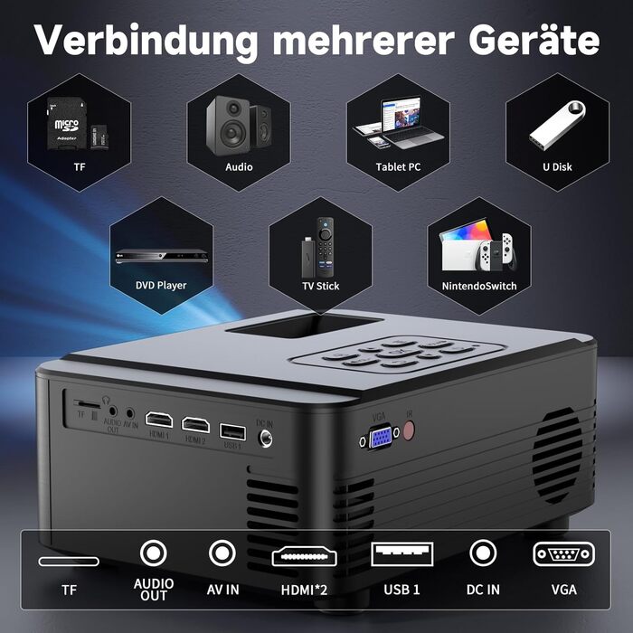 Проектор Beamer для домашнього кінотеатру з Wi-Fi 6 та Bluetooth 5.3, 1080P, 50% Zoom, HDMI/AV/Laptop/iPhone, для використання на вулиці, чорний