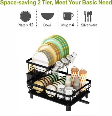 Сушильна стійка E-MANIS з нержавіючої сталі, з дренажною пластиною і поворотним соплом на 360 , двошарова сушильна стійка для посуду, сушильна стійка для посуду з підставкою для столових приладів і чашок(чорний)
