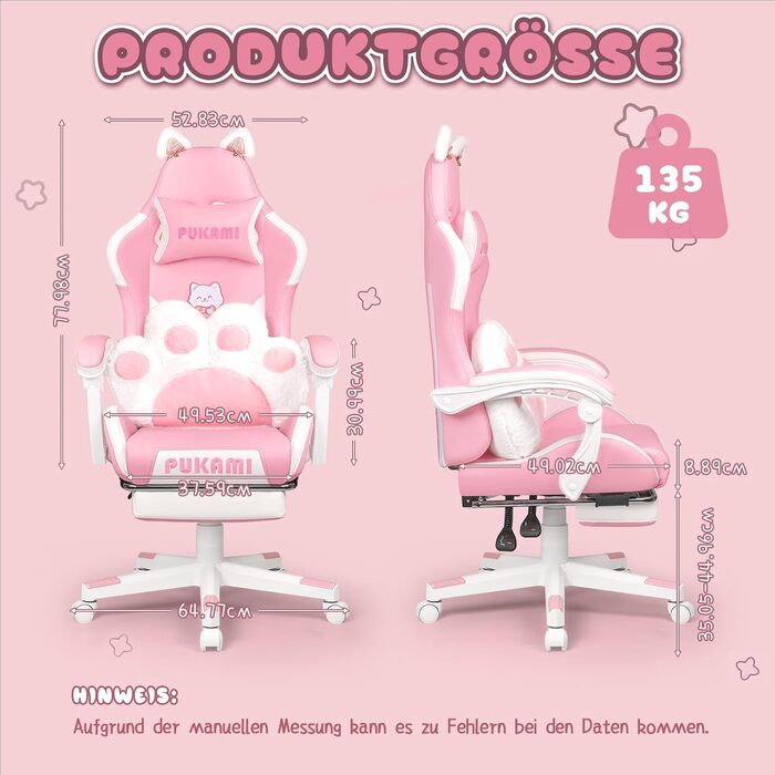 Ігровий крісло Waleaf з підголовником у вигляді лапки кота та вушками, ергономічний геймерський крісло з підніжкою, регульоване крісло для комп'ютера з PU шкіри для дівчаток-підлітків, ігрове крісло 135кг, рожеве