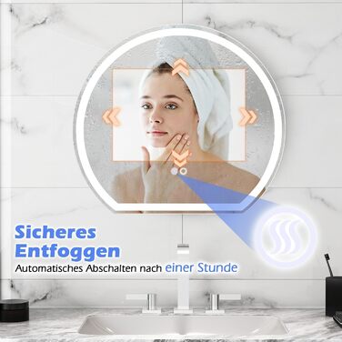 Дзеркало для ванної кімнати RELAX4LIFE з підсвічуванням, настінне напівкругле, 60 x 54 см, LED, сенсорне керування, функція пам'яті, антизапар, 3 кольори світла, регулювання яскравості