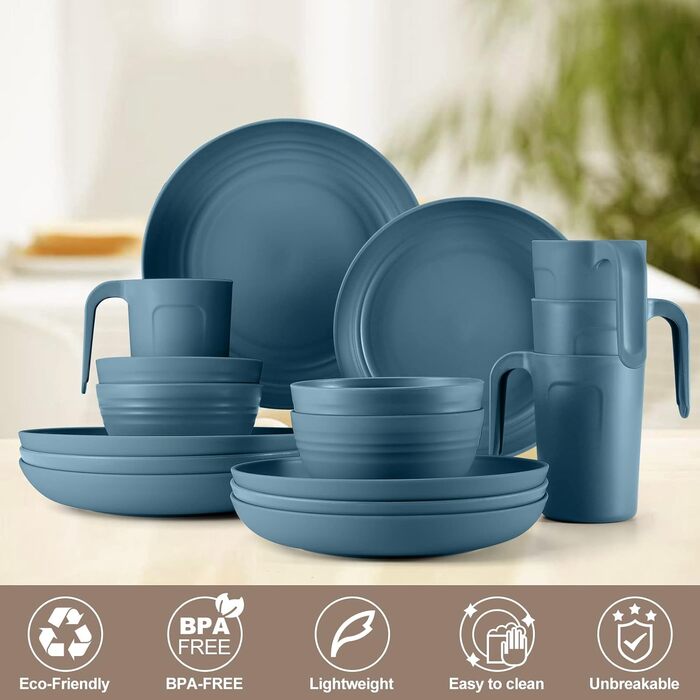 Набір посуду Odoland на 4 особи, 17 предметів: тарілки, миски, чашки (блакитний)