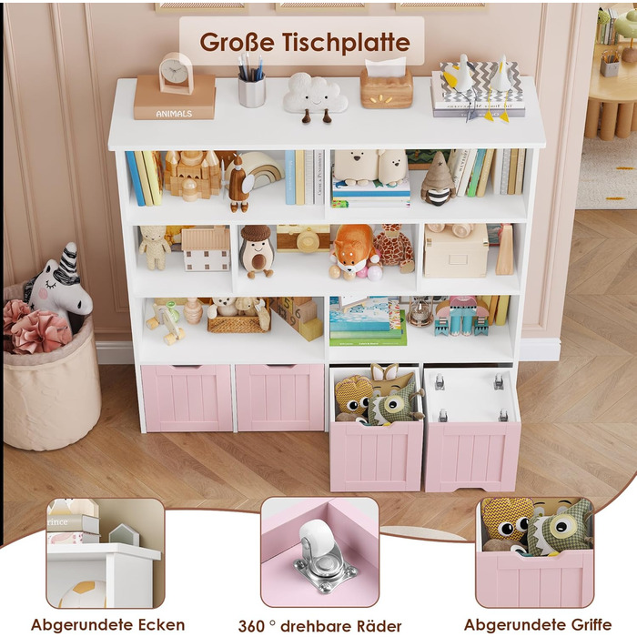 Дитяча полиця FOREHILL з коробками на колесах, 4 яруси, меблі для дитячої кімнати, іграшковий та книжковий стеллаж, рожевий, 125.5x33x118 см