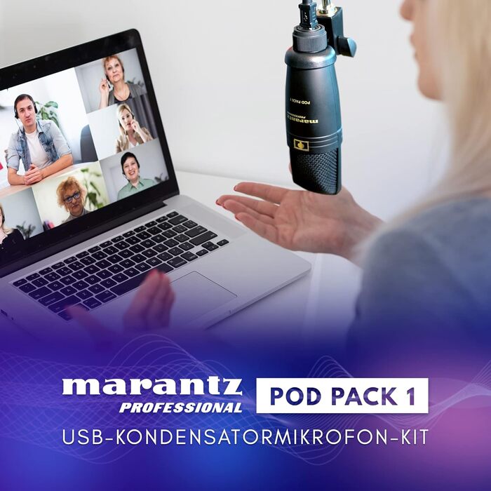 Мікрофон конденсаторний Marantz Professional MPM-1000U з великою мембраною, USB, з нирковим характером для подкастів, студії, геймінгу, з кабелем USB та кліпсою для мікрофона (Pod Pack 1)