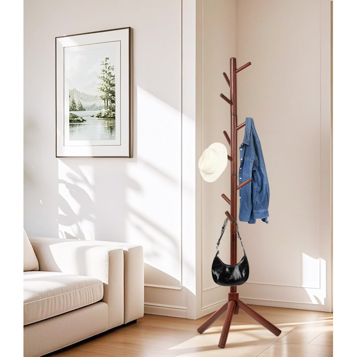 Дерев'яний вішак для одягу з буку, 9 гачків, 3 положення по висоті, для одягу, шапок, шарфів, сумок (білий/коричневий)