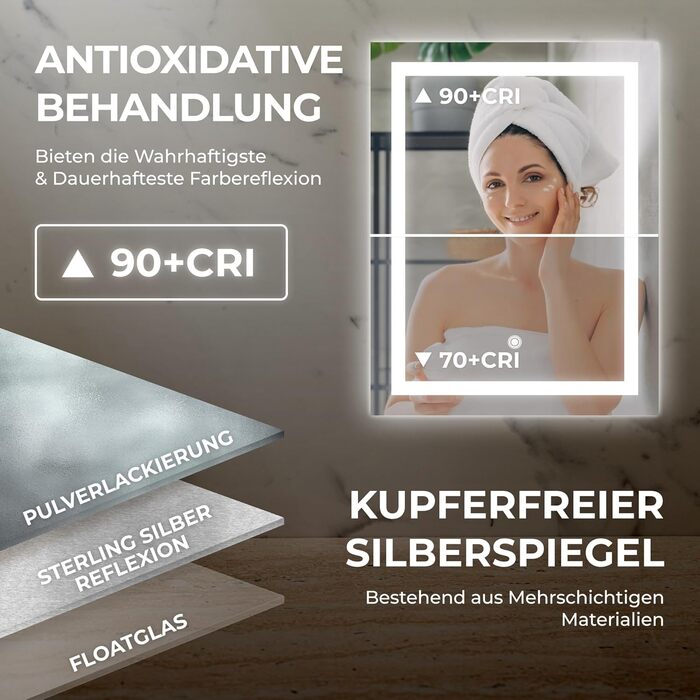 Дзеркало для ванної кімнати BR Bringer LED з підсвічуванням, 60x80 см, антизапарник, диммування, 3 кольори світла, сенсорне управління, функція пам'яті (BRS102)