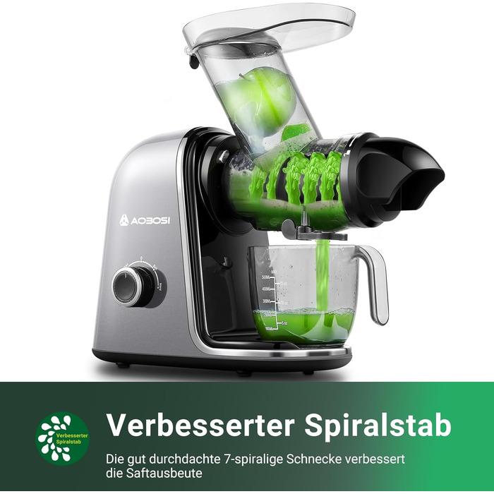 Електричний соковитискач AOBOSI Slow Juicer з 2 швидкостями, для овочів та фруктів, з 8-ступеневою спіраллю, щіткою для очищення та 2 чашами, функція реверсу, сірий