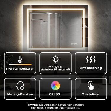 LED-дзеркало для ванної кімнати з підсвічуванням 70x50 см, 4 мм без міді, сенсорне керування, регулювання кольору світла, протизапітніння, Smart-дзеркало