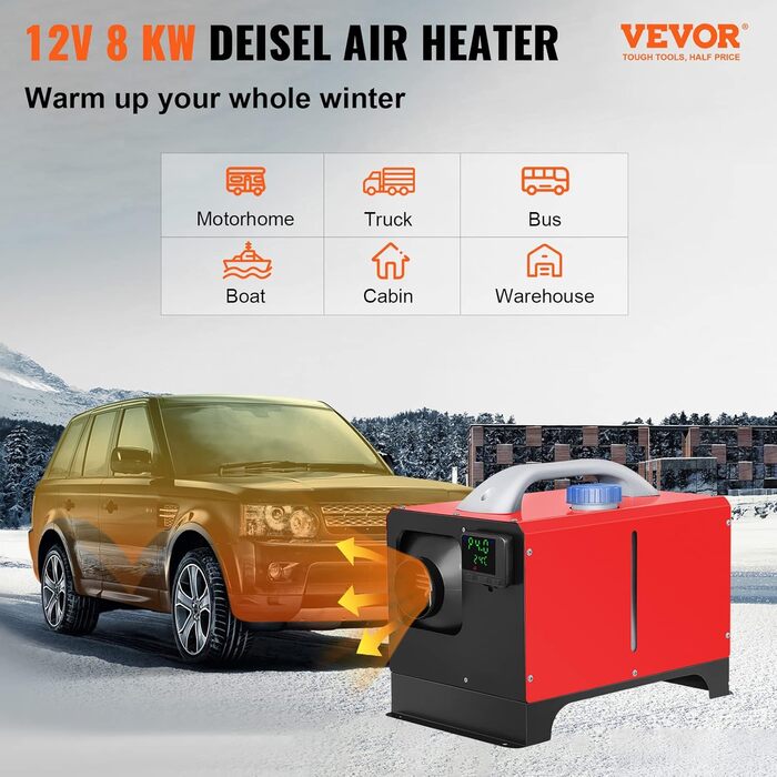 VEVOR 12V дизельний автономний опалювач, 8kW, повітряний опалювач для авто, RV, вантажівки, автобуса з пультом дистанційного керування (LCD, 1 вихідний отвір, червоний)