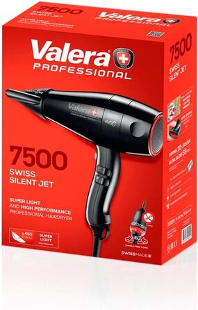 Швейцарський Silent Jet Light 7500, професійний фен, фен з потужним мотором PM-Pro, 3 налаштування температури, іонний генератор, кабель Super-Flex проти скручування, 2000 Вт, чорний Silent Jet Light 7500 Black