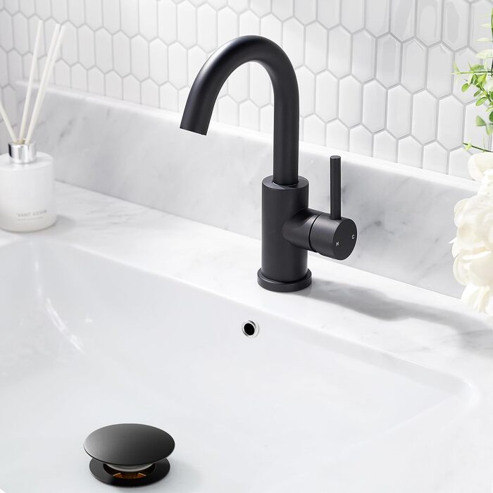 Змішувач для ванної кімнати/кухні FORIOUS Hoch 360° з нержавіючої сталі, з можливістю повороту 175 мм, матовий чорний, з підключенням до гарячої та холодної води, для встановлення на мийку, преміум-якість