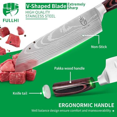 Японський набір ножів Fullhi 15 предметів з магнітним підставкою, з високоякісної сталі, ергономічні ручки, для професійної та домашньої кухні