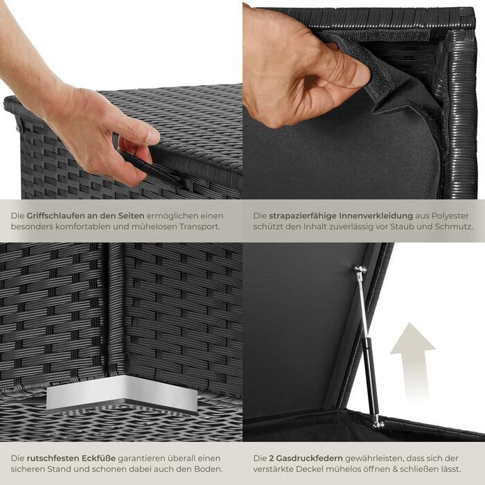 Скриня для зберігання садових речей Tectake з алюмінію та ротангу, 750л, чорна - водонепроникна, з газовими амортизаторами, стійка до УФ-випромінювання та іржі (145x82,5x79,5 см)