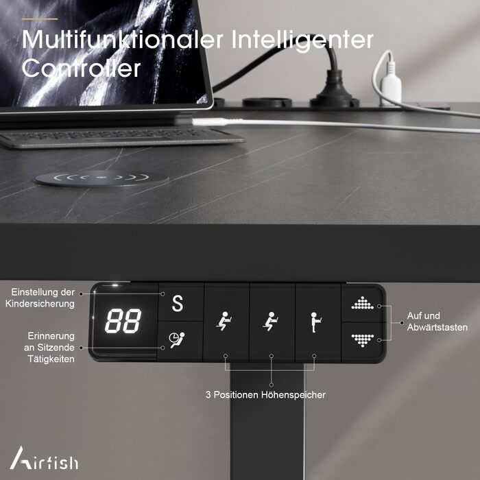 Регульований стіл Airfish з бездротовою зарядкою та USB-роз'ємом 160 x 80 см. Електричний стіл для комп'ютера з пам'яттю на 3 функції та функцією нагадування про відпочинок. Білий (140 x 70 см, Чорний)