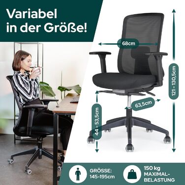 Ергономічне крісло Schekka® для офісу - переможець тестів. Індивідуальне регулювання, підтримка попереку, 3D підлокітники, дихаюча сітка. Макс. вага 150 кг, чорний колір, без підголівника.