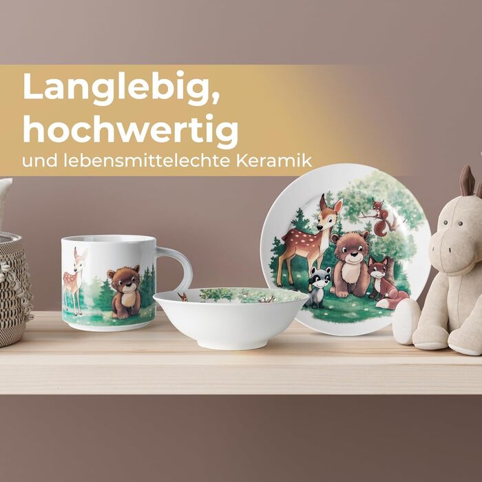 MIAMIO Набір дитячого посуду 3 шт. з порцеляни (тарілка, миска, чашка) - для дітей та малюків (ліс)