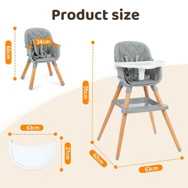 Дитячий стільчик Ezebaby 6 в 1: регульований, з підставкою для ніг, ременями безпеки та столиком. Для дітей від 6 місяців (сірий)