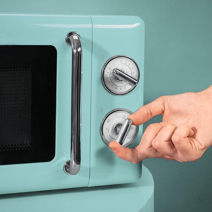Мікрохвильова піч Cecotec Proclean 3010 Retro Blue 20 л, 700 Вт, механічна, 6 режимів, таймер 30 хв, режим розморожування, вінтажний дизайн, синя, нержавіюча сталь, підсвітка, серія Allein 30