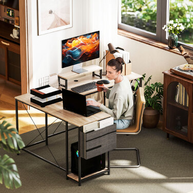 Кутовий письмовий стіл, багатофункціональний офісний стіл з регульованими полицями, кишенею для зберігання та підставкою для монітора, натуральне дерево