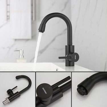 Змішувач для ванної кімнати GRIFEMA - поворотний на 360°, одноlever, нержавіюча сталь, 180 мм, гаряча та холодна вода, економія води, проста установка, з'єднання 3/8″, для гостьового туалету, G1002A (Чорний)