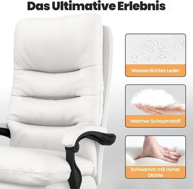 Ергономічне крісло для офісу Naspaluro з підніжкою, комп'ютерне крісло з двошаровою подушкою, високою спинкою, функцією відкидання, регулюванням висоти, з PU-шкіри, до 150 кг (Білий, Штучна шкіра)