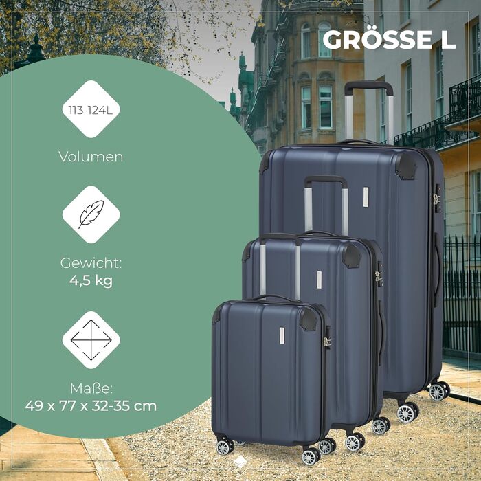 Набір валіз Travelite 3 шт. з жорстким корпусом (L/M/S), 4 колеса, City, валіза ручної поклажі S, валізи-ролери з антицарапинним покриттям, TSA замок + розширюваний клапан (окрім розміру S), Набір валіз-ролерів (L/M/S) Marine