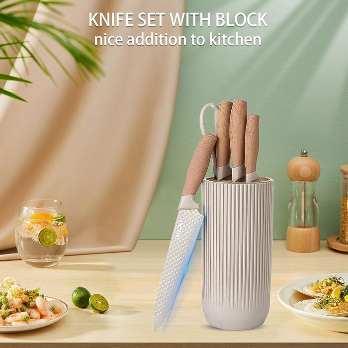 Набір кухонних ножів, 6 предметів, чорний, гострий, з антипригарним покриттям, нержавіюча сталь, з підставкою (Khaki)