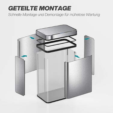 Відро для сміття 50 літрів із датчиком, автоматичний кришка, нержавіюча сталь, універсальне використання, сріблястого кольору