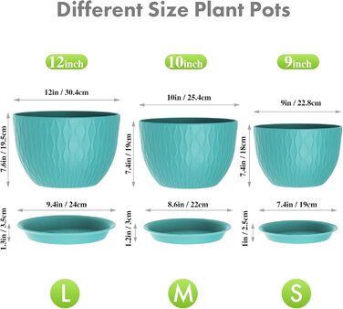 Великі горщики для квітів 3 шт. (12+10+9 дюймів), 30.5x25.4x25.4x22.9 см, для дому та саду, з водозливними отворами, блакитно-зелені, з ефектом хвилі, міцний пластик
