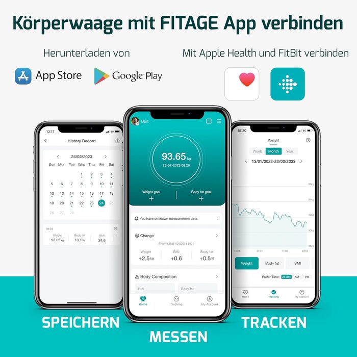 Цифрові ваги для ванної кімнати Fitage, переможець тесту 2024 року, шкала жиру в організмі, 17 виміряних значень, додаток, до 180 кг