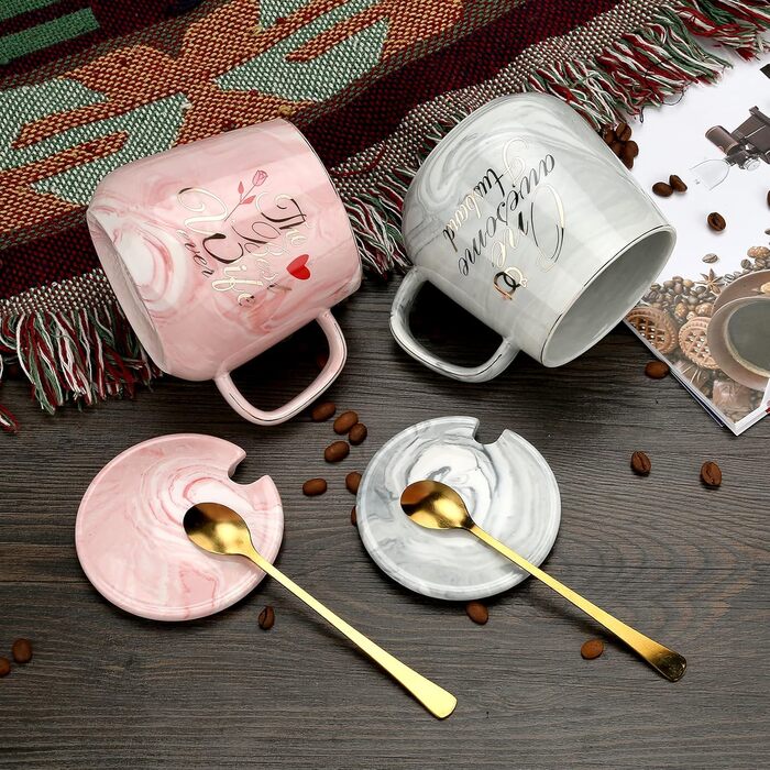 Набір кавових чашок для пари: подарунок на весілля, заручини, для наречених, 370 мл, кераміка-мрамор, овальні