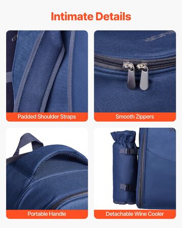 Рюкзак для пікніка VEVOR (20 л) на 2 особи з ізольованим відділенням, тримачем для пляшок/вина, ковдрою та набором посуду для пікніків, походів та кемпінгу, темно-синій