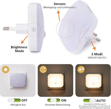 Нічник з датчиком руху, LED нічник у розетку з регулюванням яскравості та 3 режимами (Авто/Увімкнено/Вимкнено), тепле біле освітлення для дитячої кімнати, спальні, коридору, кухні (2 шт.)