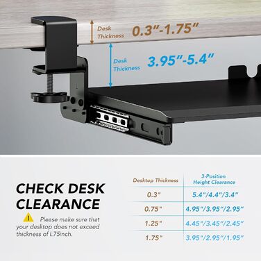 Висувна підставка для клавіатури під стіл з К-кріпленням, великого формату, стійка, ковзна платформа 838 мм x 280 мм, висувна платформа для комп'ютера (Чорний)