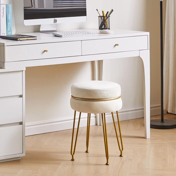 Сучасний оксамитовий пуф з круглим підніжжям IBUYKE, стільчик для макіяжу, пуф з золотими ніжками, декоративний пуф для спальні, вітальні, передпокою, білий L/G-40M з декором кремово-білий