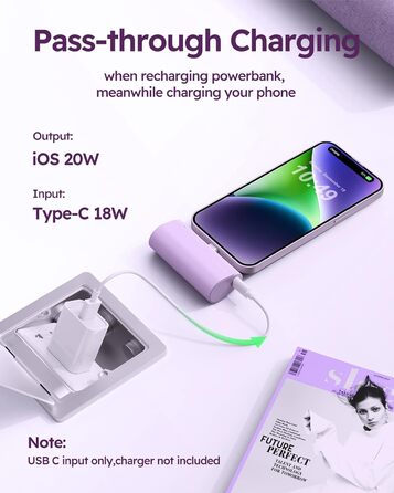 Швидка зарядка, сумісний з iPhone (фіолетовий), 5000mAh, 20W PD