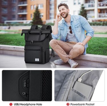 Рюкзак Lubardy Rolltop чоловічий жіночий водонепроникний 17,3 з отвором USB для Uni Work Travel Black